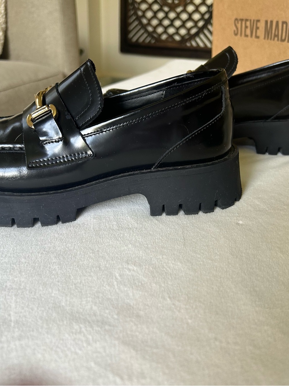 Steve Madden Black Leather Lug Sole Loafers with Gold Horsebit - Picture 3 of 5